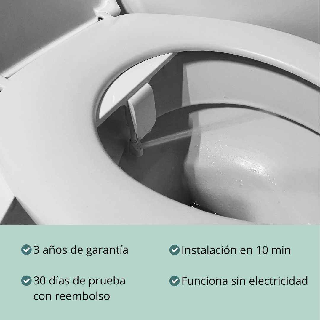 Detalle del bidet acoplable Beness instalado en un inodoro, destacando sus características de 3 años de garantía, fácil instalación en 10 minutos, y funcionamiento sin electricidad.