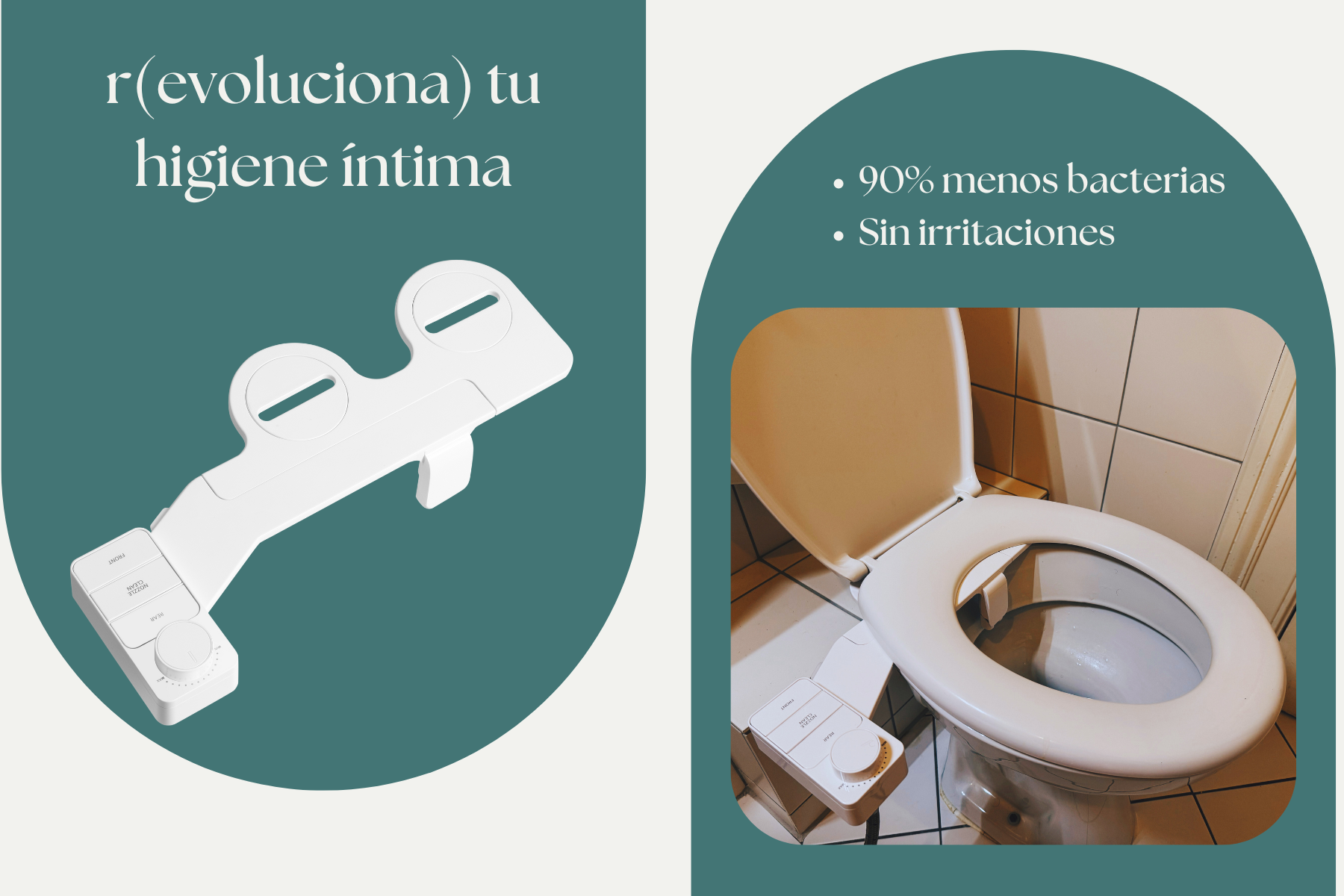 Bidet acoplable Beness para mejorar la higiene íntima, con beneficios como 90% menos bacterias y sin irritaciones. Imagen del producto acoplado al inodoro.