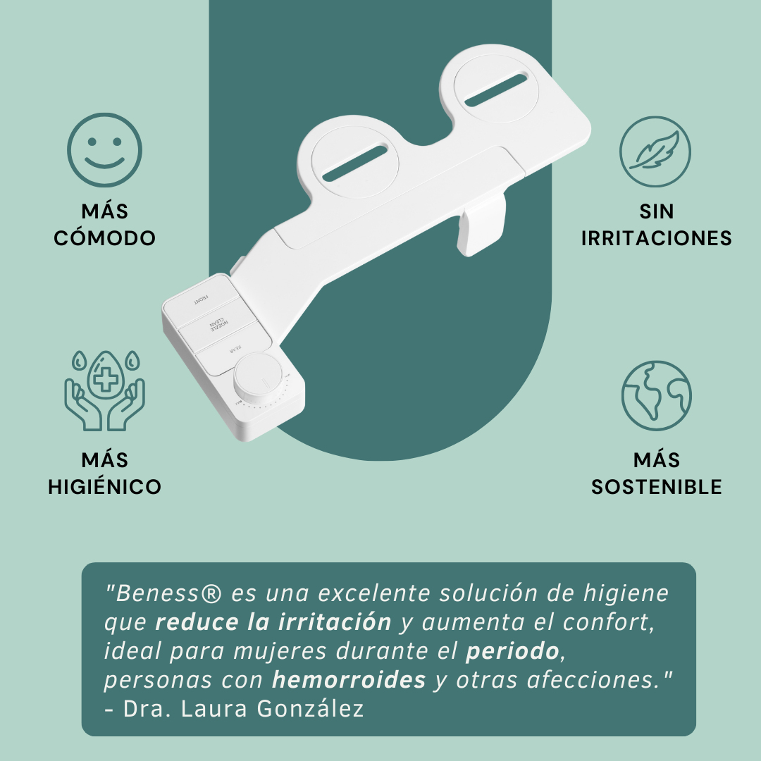 Beness® es una solución de higiene íntima más cómoda, higiénica y sostenible, ideal para reducir irritaciones y mejorar el bienestar de personas con hemorroides o durante el período.